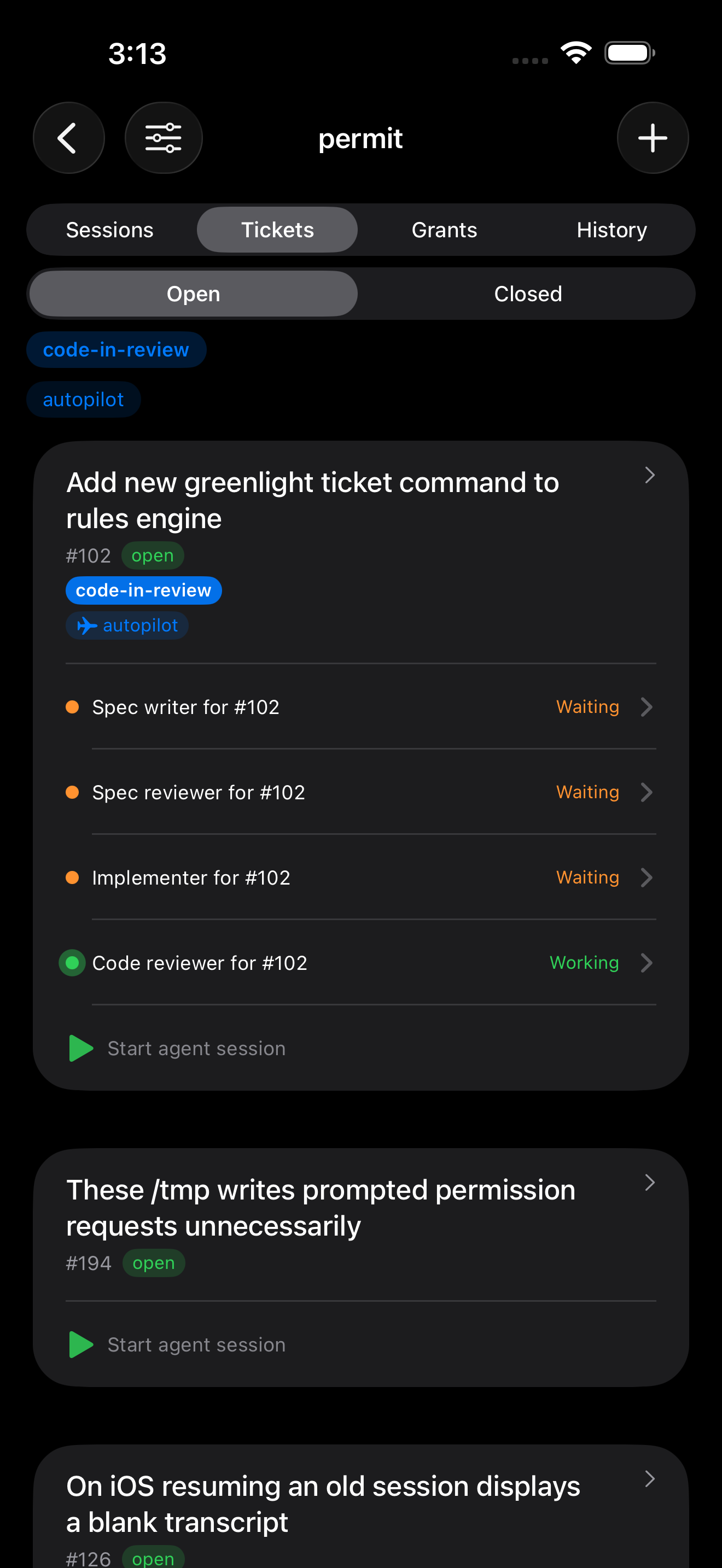 Greenlight tickets view showing a ticket on autopilot with its spec, implementer and reviewer agents