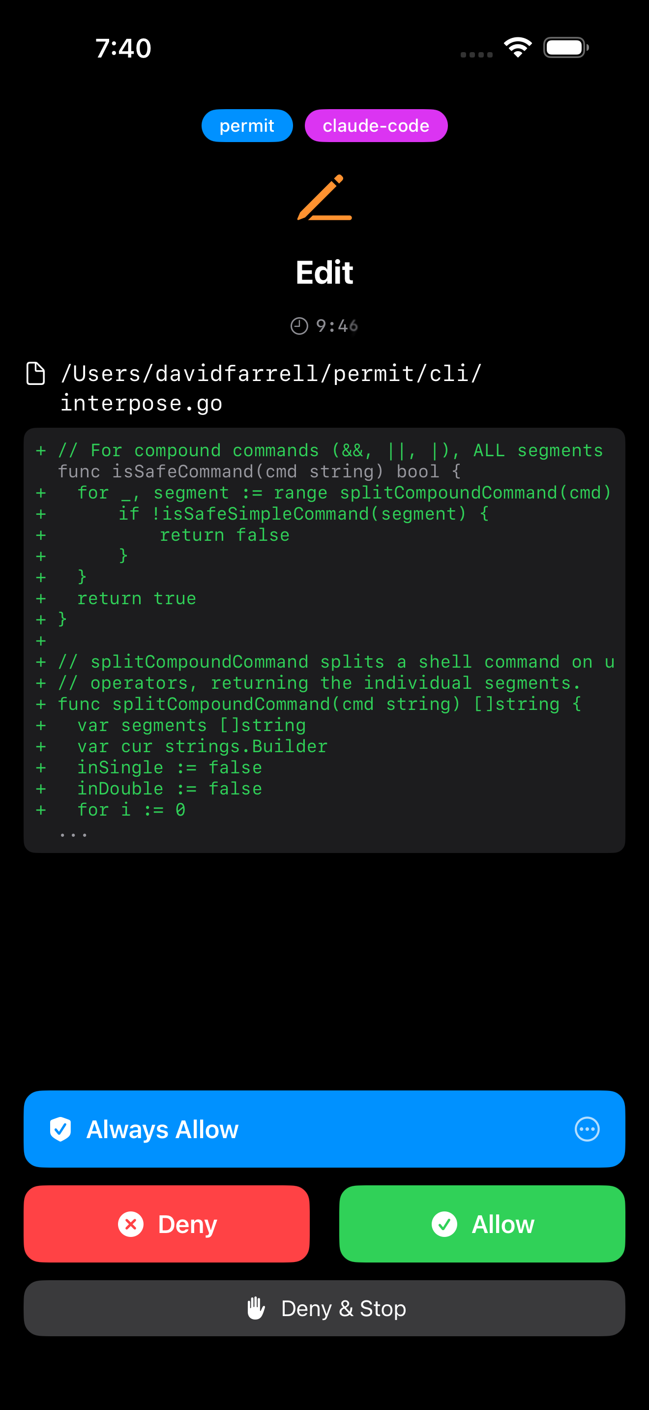 Greenlight permission request with Allow, Deny, and Always Allow buttons