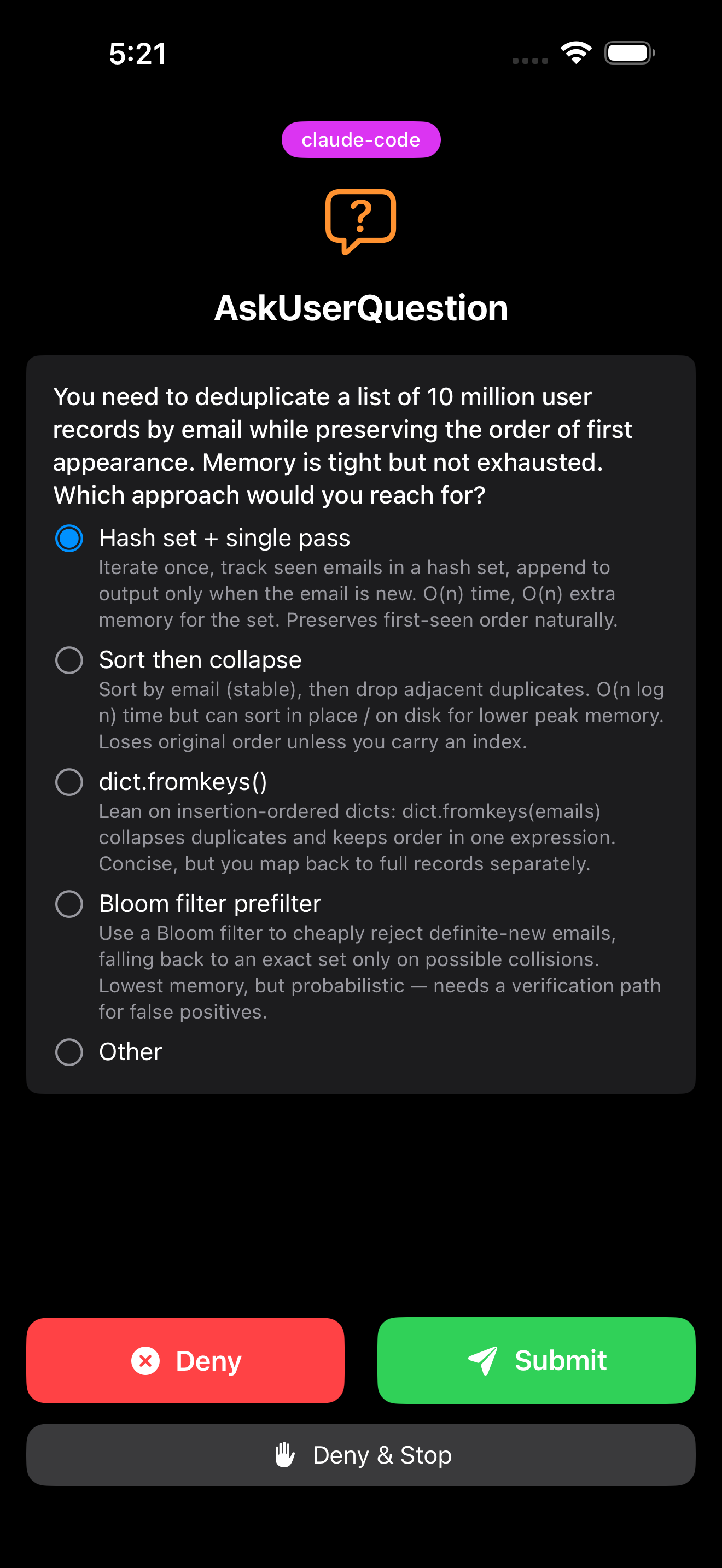 Greenlight prompting you to choose an answer to an agent's question