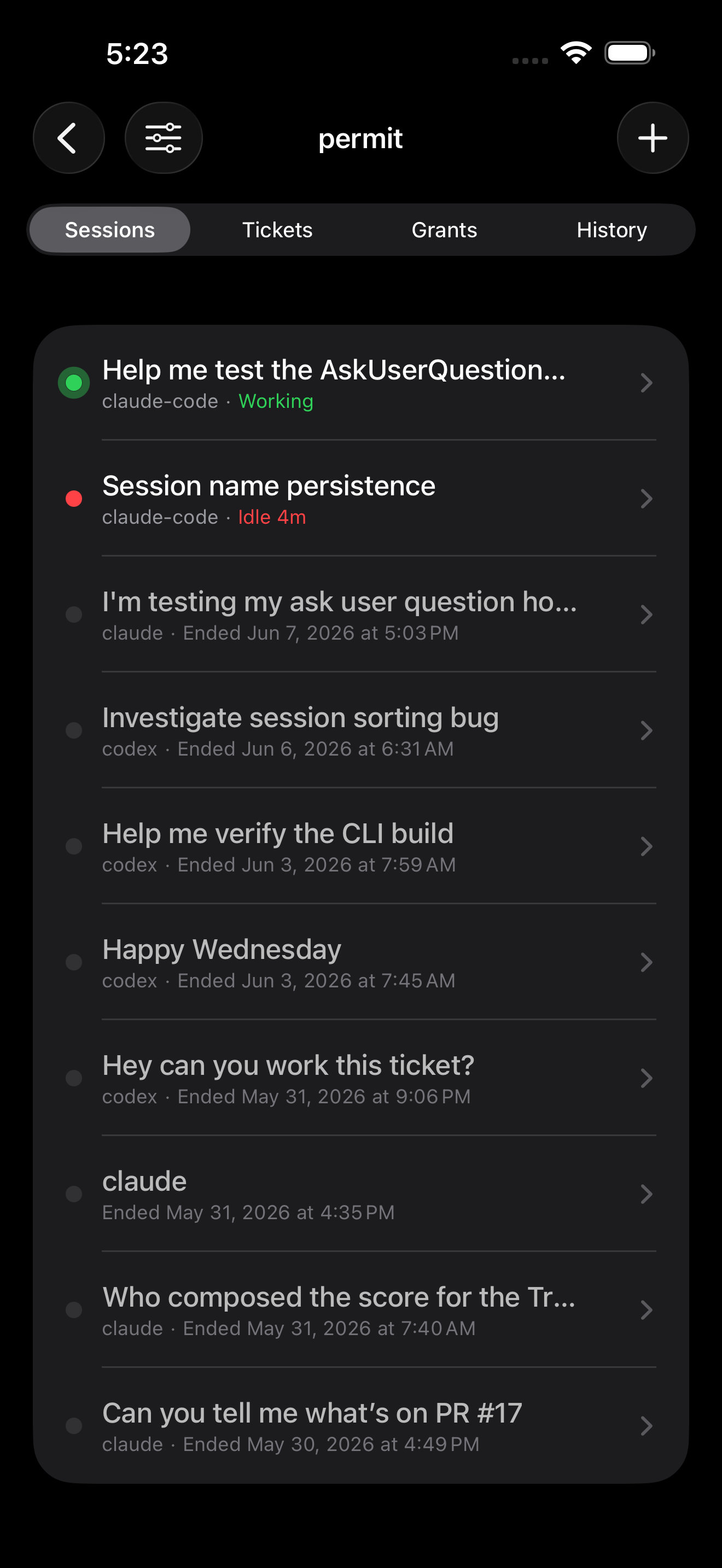 Greenlight sessions list showing agents marked working and idling